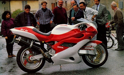 the Bimota Tesi with a crowd of people around it